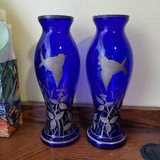 Antique Victorian Cobalt Blue Glass Vases with Hand Painted Bird Flowers-pair picture