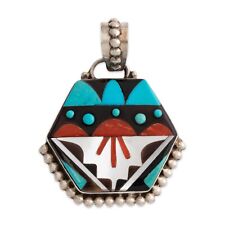 LARGE QUAM ZUNI STERLING SILVER TURQUOISE CORAL ONYX MOP INLAY PENDANT picture