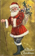 Christmas Santa with Bag of Toys Gold Foil Antique Postcard 1909 picture