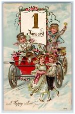 New Year Postcard January 1 Calendar Angel Trumpet Car Winter Embossed c1910's picture