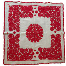 Vtg Hand Embroidered Folk Art Hungarian Tablecloth Natural Linen Red Square 40