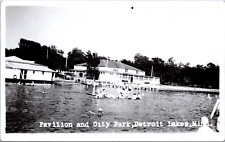 RPPC Detroit Lakes MN c40s Dance Pavillion Near Fairyland Cabins Swimming Cars picture