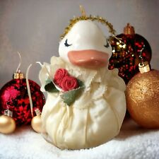 Vintage 80s Satin Goose Plush Ornament Christmas Handpainted Duck Victorian  picture