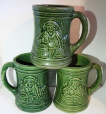 Ant Lot of 3 1920s McCoy's Green Pottery Buccaneer Pirate Beer or Coffee Mugs picture