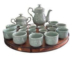 Vintage Korean Celadon Porcelain Crane Teapot And Sugar Bowl 16 Piece - Signed picture