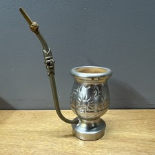 Argentina Yerba Mate Cup Silver Toned Bombilla Straw With Sun Design picture