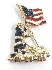 Firefighter Fireman Raising USA Flag 09-11-01 September 11 Gold Tone Enamel Pin picture