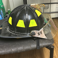 Black Firefighting & Rescue Helmet w/ Clear Visor, Yellow Reflective Triangles picture