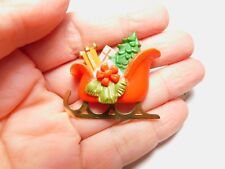 Red Green Plastic Christmas Sleigh Toys Tree Hallmark Brooch Vintage picture