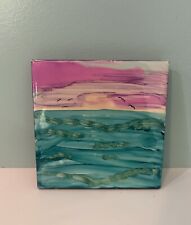 Pink Sunset Alcohol Painted Tile 5”x5” Artist Signed Pink Teal Beach Sunset picture