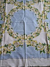 Vintage 50s Tablecloth Square Cotton 49 x 50 Blue Yellow Roses Selvedge EUC picture
