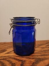Vintage Cobalt Blue Glass Canister With Wire Snap Lid & Seal.  5.5