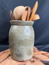 Vintage Salt Glaze Ceramic Crock Stoneware With Wooden Cooking Utensils picture
