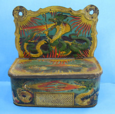 Fire Breathing DRAGON Tin Litho Match Holder Box w/ Striker RARE Antique picture