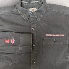 VTG Harley Davidson Button Up Shirt Flames Black Oversized Large Embroidered picture