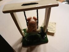 Janice Hester Rare Clay Pig on a Swing Sculpture Signed Art Whimsy Vintage picture