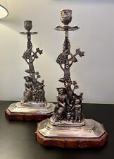 Pair of Victorian Revival Mother & Daughter Figural Pewter Candlestick Holders  picture