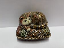 Artesania Rinconada Cat Trinket Box Heavy Gold Cat on Pillow Flaws imperfect picture