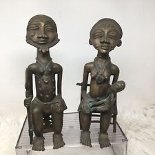 African Tribal Art  Bronze Baule King & Queen Figure Sitting W/  Baby Ancestors picture