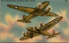 US Army Transport And Bomber Take To The Air Airplane Linen Postcard C343 picture