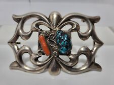 Vintage Martinez Bros Sand Cast Silver Native Buckle Turquoise Coral TB Marked picture