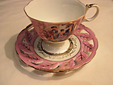 Vtg Royal Halsey Footed Tea Cup Reticulated Saucer LM Very Fine China Gold Trim picture