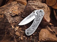 HANDMADE D2 STEEL FOLDING KNIFE, HAND ENGRAVED POCKET KNIFE, WITH LEATHER SHEATH picture