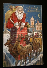 Surprised Santa Claus in Chimney ~Reindeer~Antique  Christmas Postcard~k389 picture