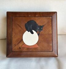 Vintage Wooden Cat and Crescent Moon Jewelry Hinged Box with Beige Velvet Lining picture