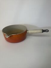 Vintage Le Creuset #18 Orange Enamel Cast Iron Saucepan w/ Wood Handle - READ picture