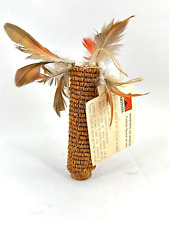 Vintage Brazilian Tribal Wooden Tobacco Pipe w/ Fabric of Brown Seeds & Feathers picture