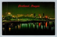Portland OR-Oregon, Night City View, Mirror Willamette River Vintage Postcard picture