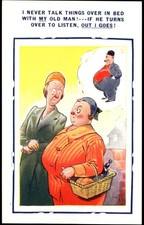 Bamforth marriage comic~wife & obese fat husband I NEVER TALK THINGS OVER IN BED picture