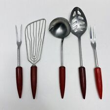 ANDROCK Vintage 5 Piece Stainless Utensil Set w/ Red Bakelite Bullet Handles picture