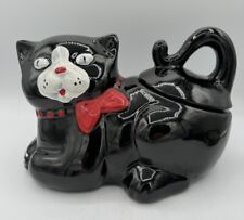 Black Cat w/ Red Bow Ceramic Cookie Jar Vintage Halloween American Bisque picture