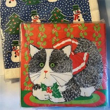 Vtg Cost Plus CHRISTMAS Luncheon & Cocktail NAPKINS Lot 2 Pkgs Sealed Cat Snow picture