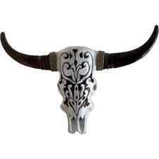 African Mask Style Wooden Long Horn Cow Skull Steer Wall Decor Hanging-BRAND NEW picture