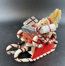 Vintage Christmas Santa in Mica Cardboard Candy Cane Sleigh Felt Chenille NAPCO picture