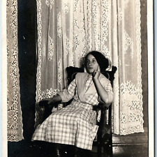 c1910s Thinking Girl RPPC Cute Lovely Lady in Chair Real Photo Lace PC Vtg A251 picture