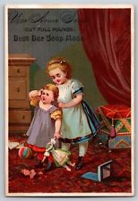 Peoples Cash Grocery Grand Rapids Victorian Trade Card Girls w/ Broken Doll Head picture